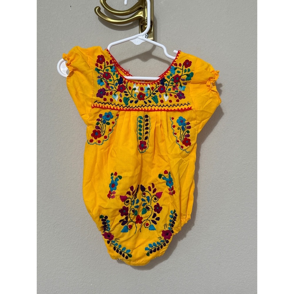Unbranded Mexican Floral Embroidered Romper Kids‎ 6M Yellow Boho Sunsuit